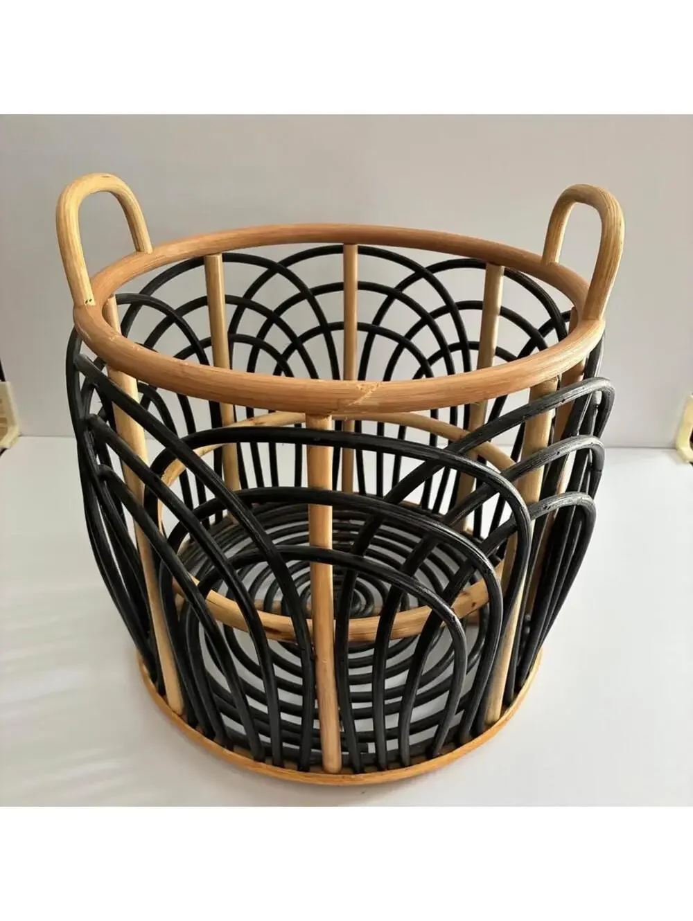 Vintage Two Tone Rattan Storage Basket Black Natural Bamboo Handles Woven